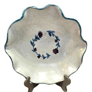 Studio Art Pottery Glazed Stoneware Bowl Scalloped floral Purple Teal Handmade R